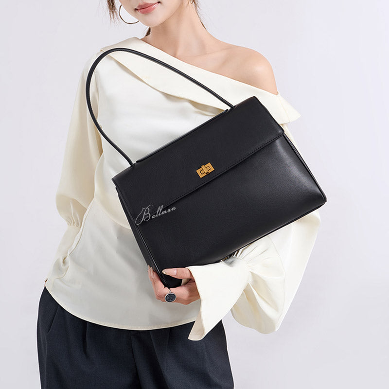 Wholesale Custom Italian Imported Leather Shoulder Bag Gold Turn Lock Hardware Large Capacity Office Handbag H98044