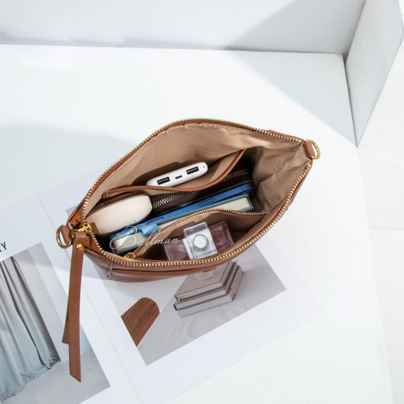 Wholesale Custom Full‑Grain Leather Crossbody Bag Front Snap Pocket Zipper Top Adjustable Strap Minimalist Bucket Style Handbag H98075