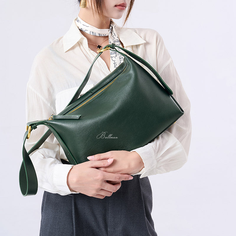 Wholesale Custom Full‑Grain Leather Hobo Bag Smooth Soft Texture Zipper Closure Adjustable Shoulder Strap Minimalist Casual Handbag H98056