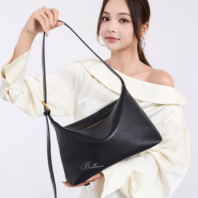 Wholesale Custom Italian Imported Full‑Grain Leather Hobo Bag Soft Slouchy Silhouette Zipper Adjustable Strap Versatile Daily Shoulder Bag H98045
