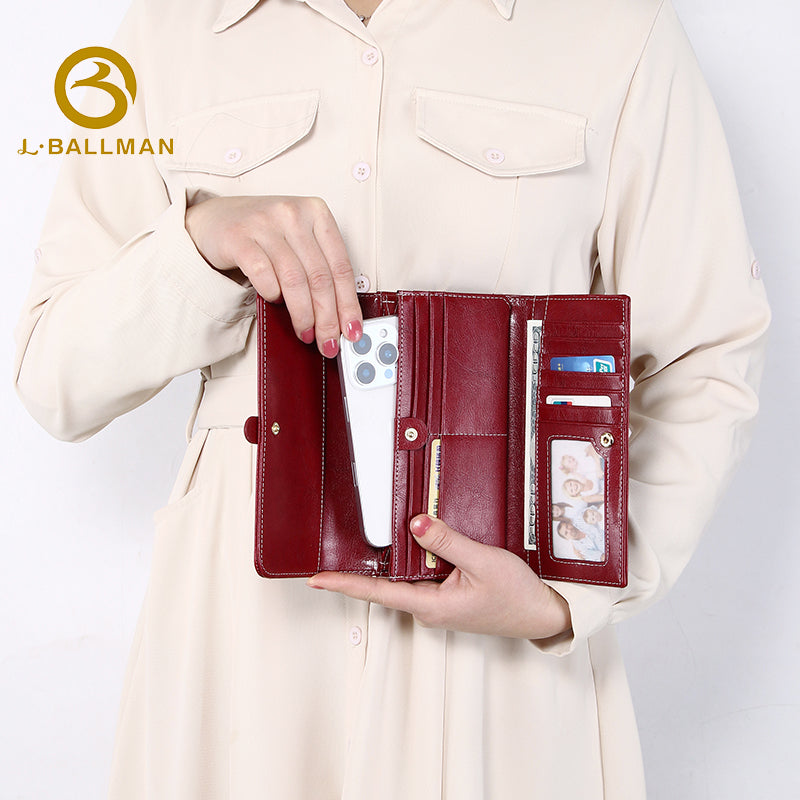 Women Long Genuine Leather Wallet Strap Flap Multi Card Slots Photo ID Window Large Capacity 1600 Wholesale Custom