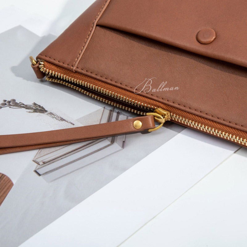 Wholesale Custom Full‑Grain Leather Crossbody Bag Front Snap Pocket Zipper Top Adjustable Strap Minimalist Bucket Style Handbag H98075