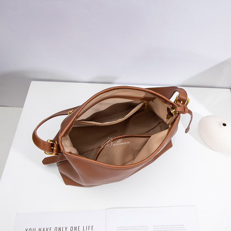 Wholesale Custom Italian Imported Full‑Grain Leather Hobo Bag Soft Relaxed Silhouette Dual Adjustable Strap Timeless Vintage Work Shoulder Bag H98050