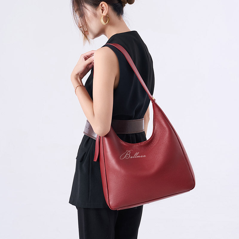 Wholesale Custom Full‑Grain Leather Hobo Bag Large Capacity Soft Slouchy Curved Opening Wide Shoulder Strap Elegant Work Shoulder Bag H98058