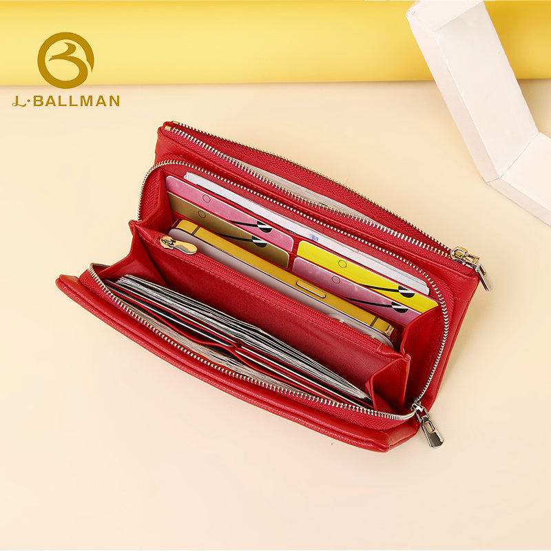Women Long Genuine Leather Wallet Double Zipper Large Capacity Multi Compartments 1634 Wholesale Custom