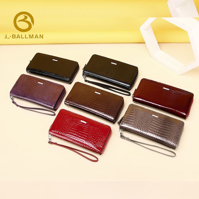 Patent Crocodile Embossed Leather Women'S Long Zipper Wallet With Wrist Strap And Multi Card Slots For Daily Use, Wholesale Custom, 6012#
