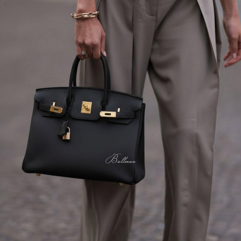 Wholesale Custom Leather Birkin Style Handbag Lock Hardware Top Handle Detachable Shoulder Strap BK001