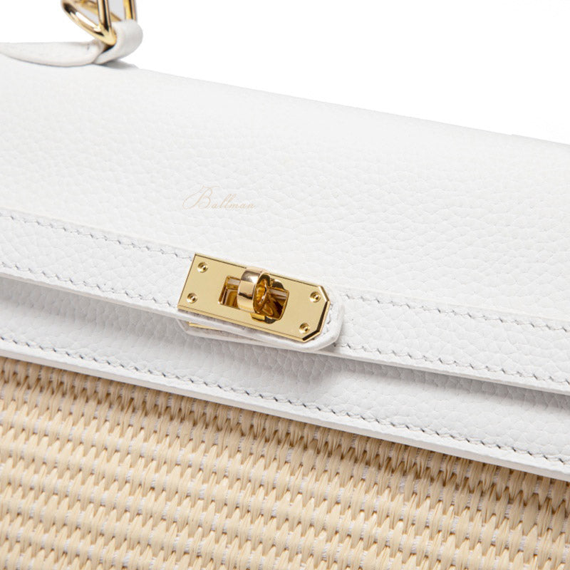 Wholesale Custom Raffia Leather Kelly Style Handbag Straw Weave Spliced Leather Turn Lock Hardware Top Handle BK004