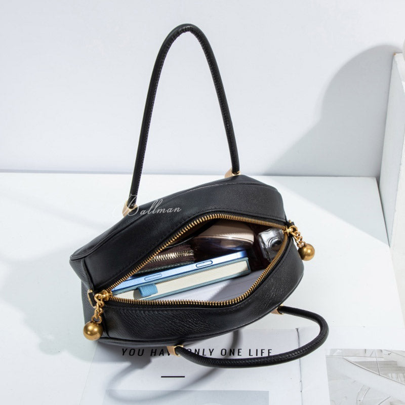 Wholesale Custom Leather Handbag, Half Moon Shape, Gold Bead Zipper, Detachable Crossbody Strap, H98080