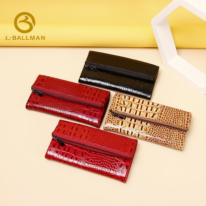 Women Long Patent Leather Wallet Crocodile Embossed Fold Over Front Zip Pocket Multi Card Slots 504 Wholesale Custom