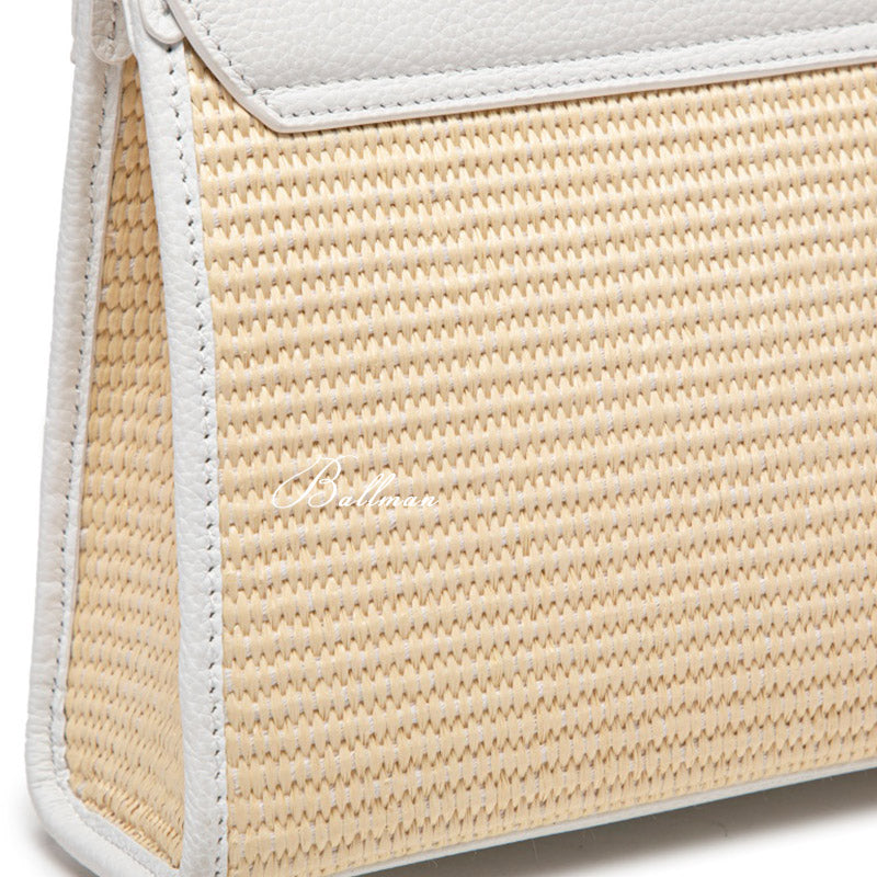 Wholesale Custom Raffia Leather Kelly Style Handbag Straw Weave Spliced Leather Turn Lock Hardware Top Handle BK004