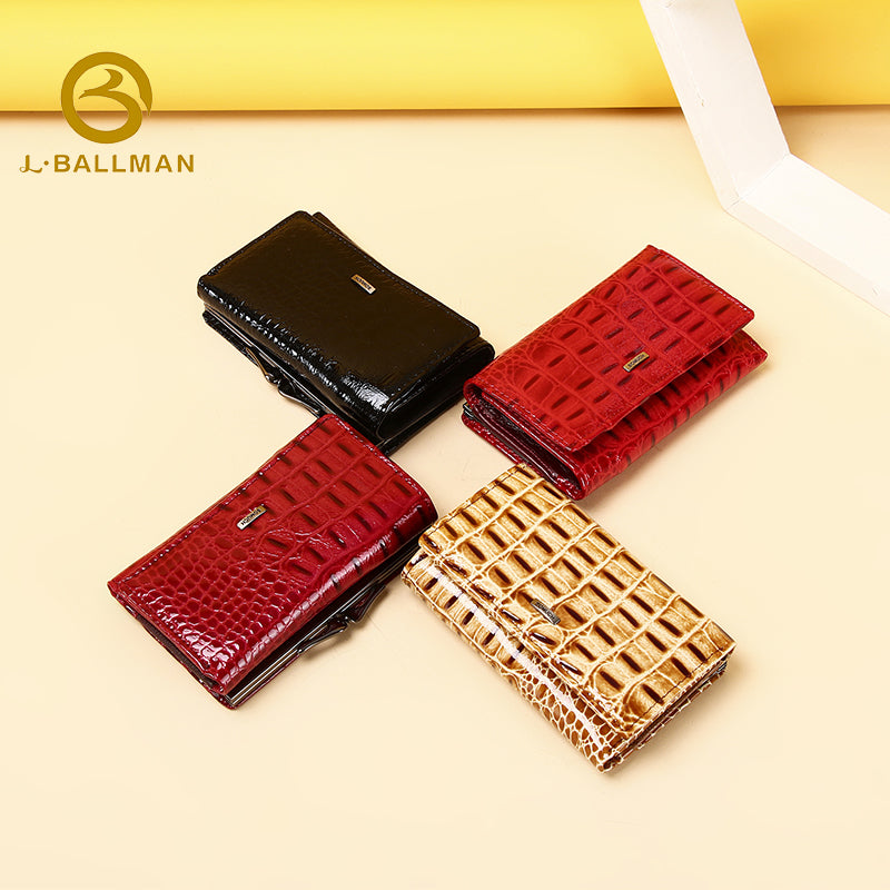 Women Short Patent Leather Wallet Crocodile Embossed Trifold Kiss Lock Multi Card Slots Id Window 512-82A Wholesale Custom