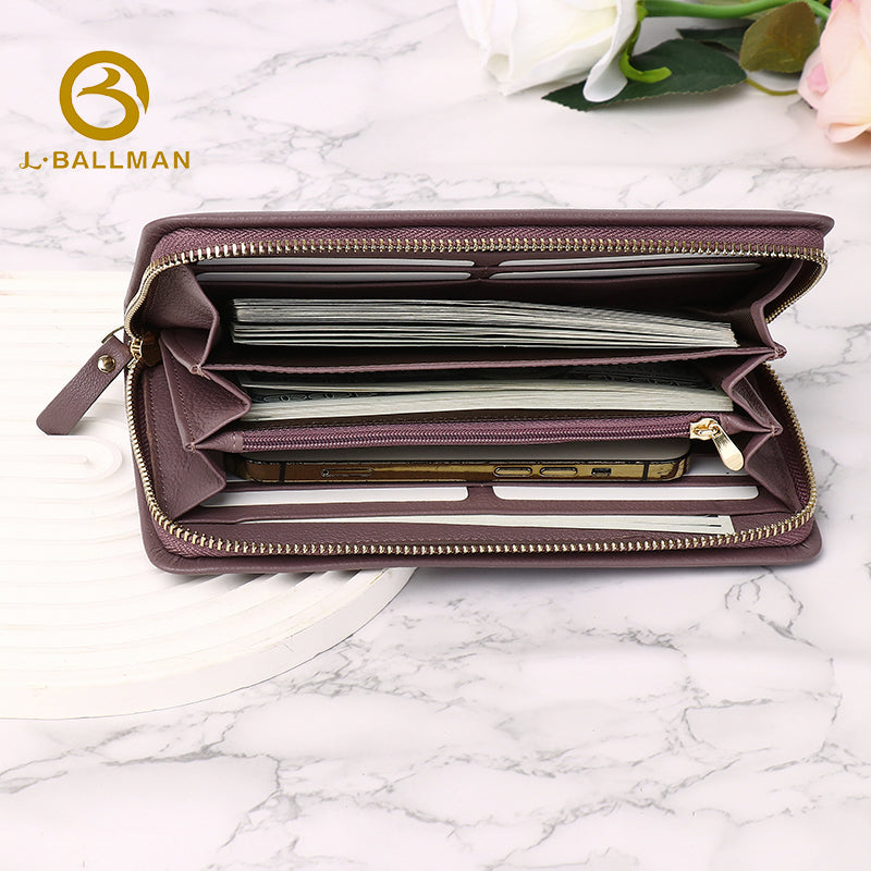Wholesale Custom leather women long wallet genuine leather zipper around wristlet wallet phone pocket multi card slots daily shopping travel purse 502B
