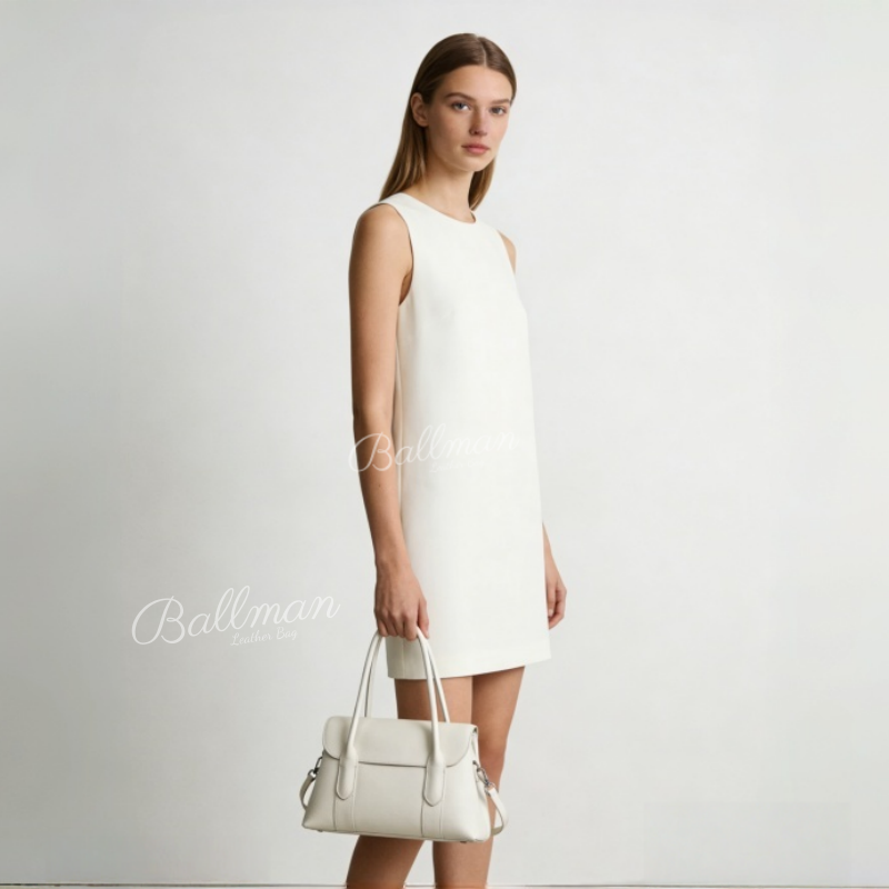 Genuine Leather Structured Flap Handbag, Extended Tab Top Handles Detachable Crossbody Strap For Daily Use 8108-34# | Custom Logo ODM OEM Wholesale