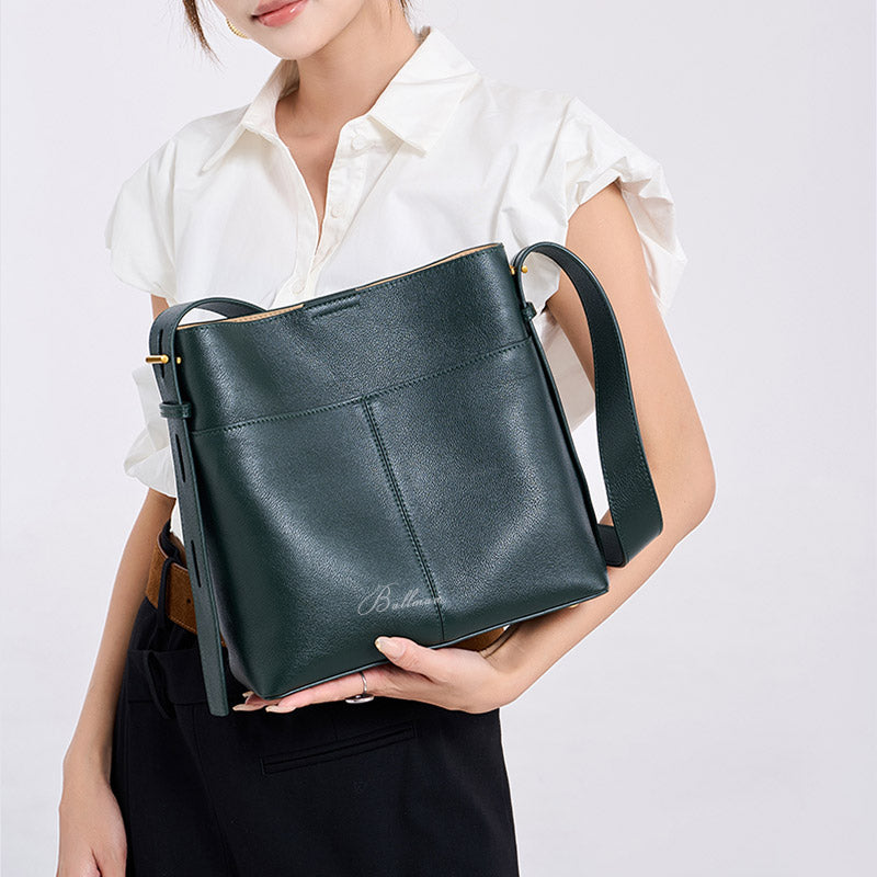 Wholesale Custom Full‑Grain Leather Bucket Bag Multi‑Front Pocket Design Adjustable Dual‑Strap Minimalist Everyday Shoulder Bag H98051