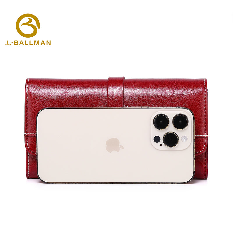 Genuine Leather Oil-Wax Long Wallet, Strap Buckle Closure Contrast Stitch Wavy Flap For Daily Use 23-121# | Custom Logo ODM OEM Wholesale