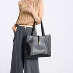 Wholesale Custom Full‑Grain Leather Tote Bag Large Capacity Gold Lock Hardware Long Top Handles Elegant Office Work Handbag H98068