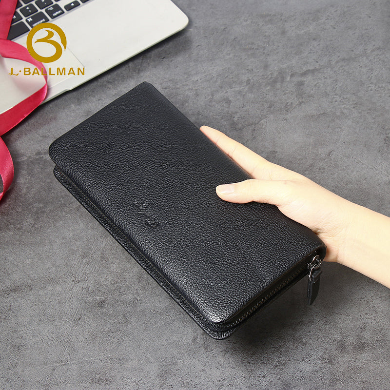 Genuine Leather Full Zip Around Clutch Wallet, Detachable Wrist Strap Embossed Logo Grain Leather For Daily Use 6302 | Custom Logo ODM OEM Wholesale