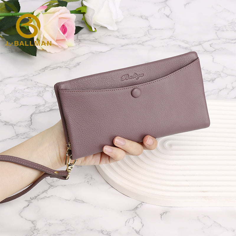 Wholesale Custom leather women long wallet smooth genuine leather multi zipper pockets wristlet phone pocket daily shopping travel purse 506#