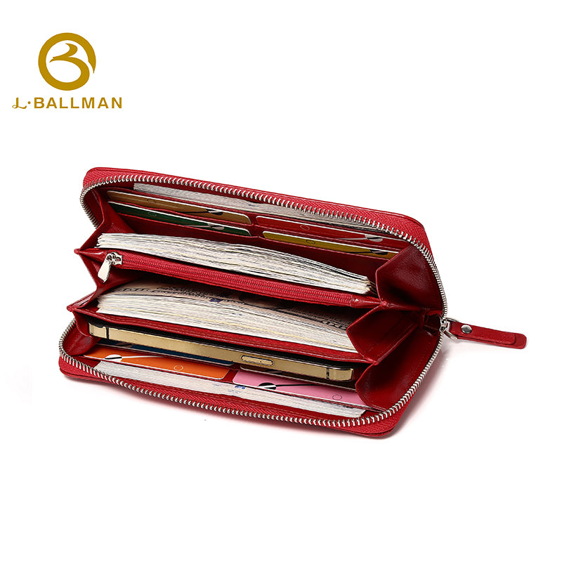 Women Long Genuine Leather Wallet Single Zip Around Large Capacity With Wristlet Strap 1102 Wholesale Custom