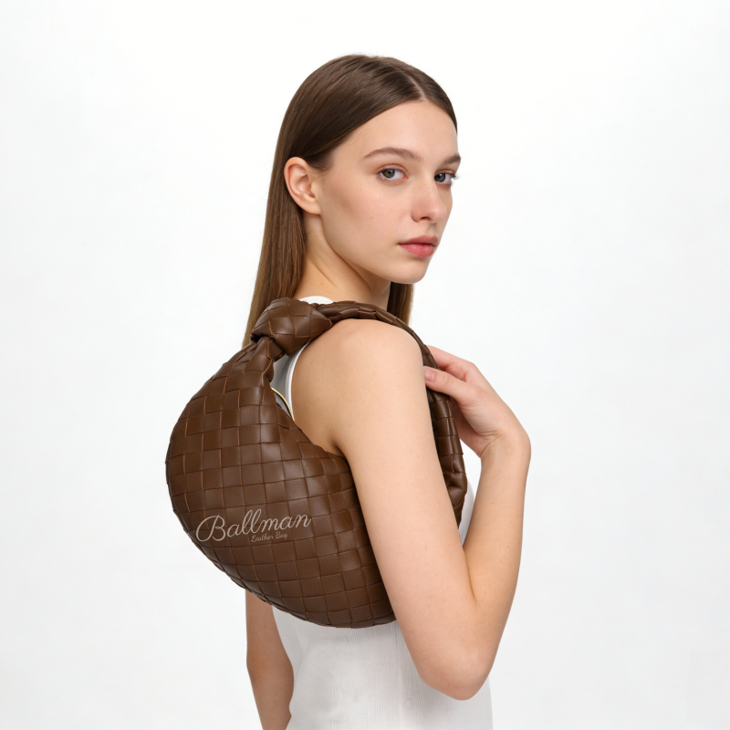 Wholesale Custom Leather Woven Hobo Bag Knotted Handle Open Top Soft Structure XK004