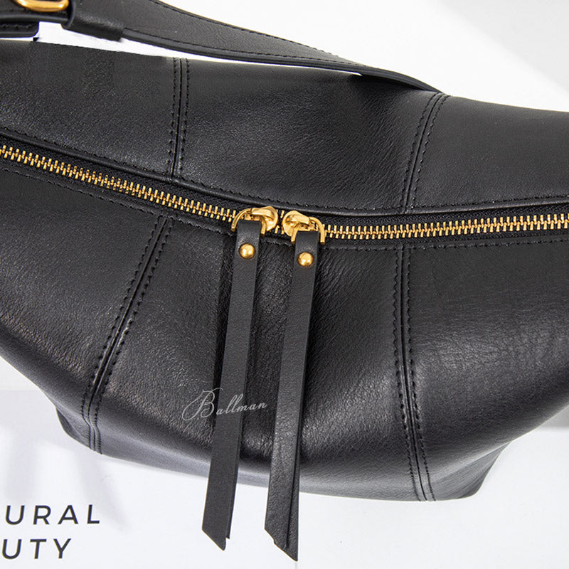 Wholesale Custom Full‑Grain Leather Hobo Bag Curved Sling Shape Dual Zipper Pulls Wide Adjustable Strap Modern Casual Shoulder Bag H98057