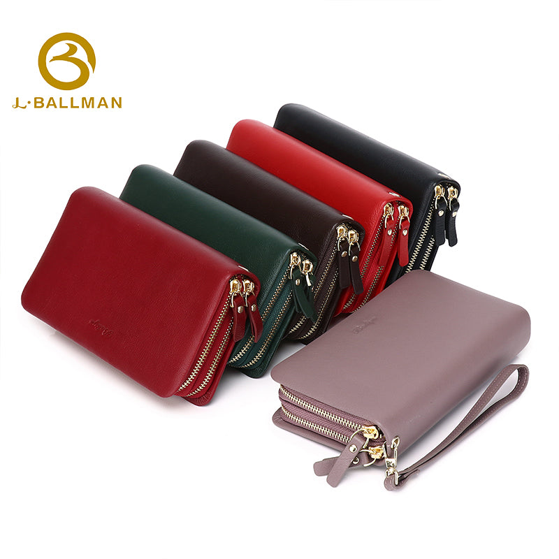 Women Long Genuine Leather Wallet Double Zipper Wristlet Multi Card Slots Phone Pocket 505 Wholesale Custom