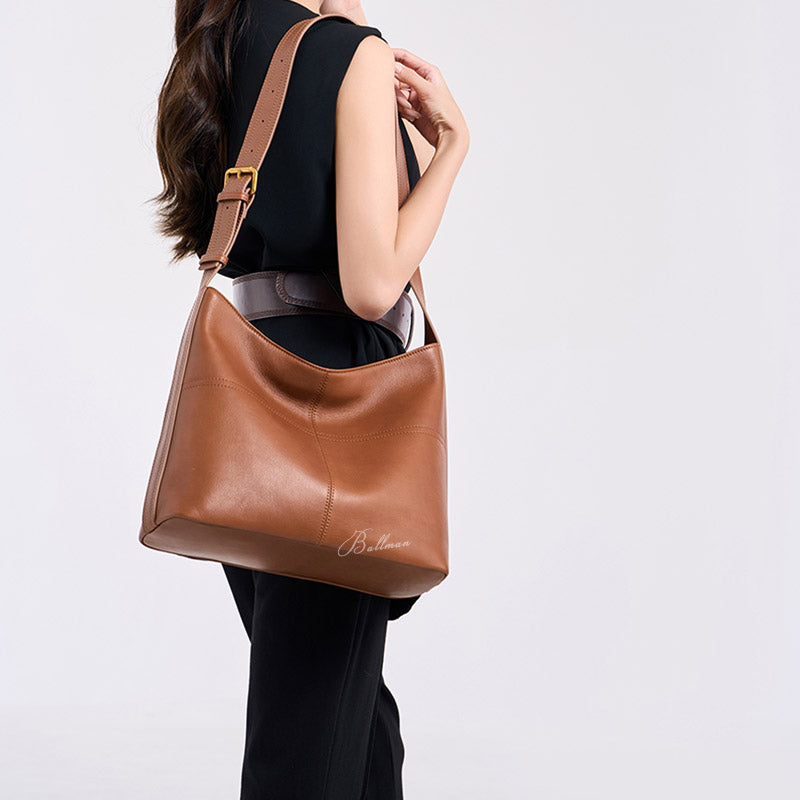 Wholesale Custom Italian Imported Full‑Grain Leather Hobo Bag Soft Relaxed Silhouette Dual Adjustable Strap Timeless Vintage Work Shoulder Bag H98050
