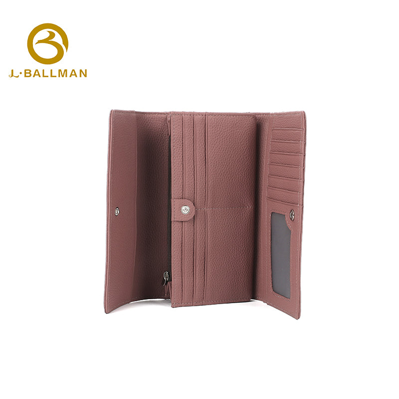 Wholesale Custom leather women long wallet pebbled genuine leather tri-fold multi card slots daily shopping travel purse 116#