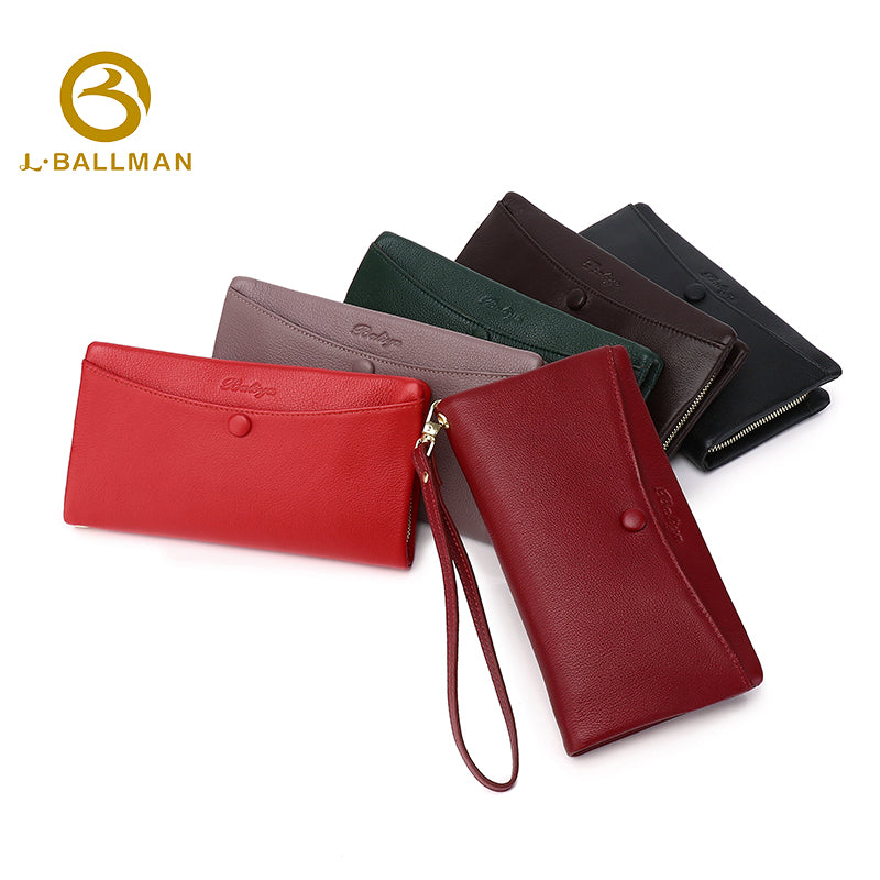 Wholesale Custom leather women long wallet smooth genuine leather multi zipper pockets wristlet phone pocket daily shopping travel purse 506#