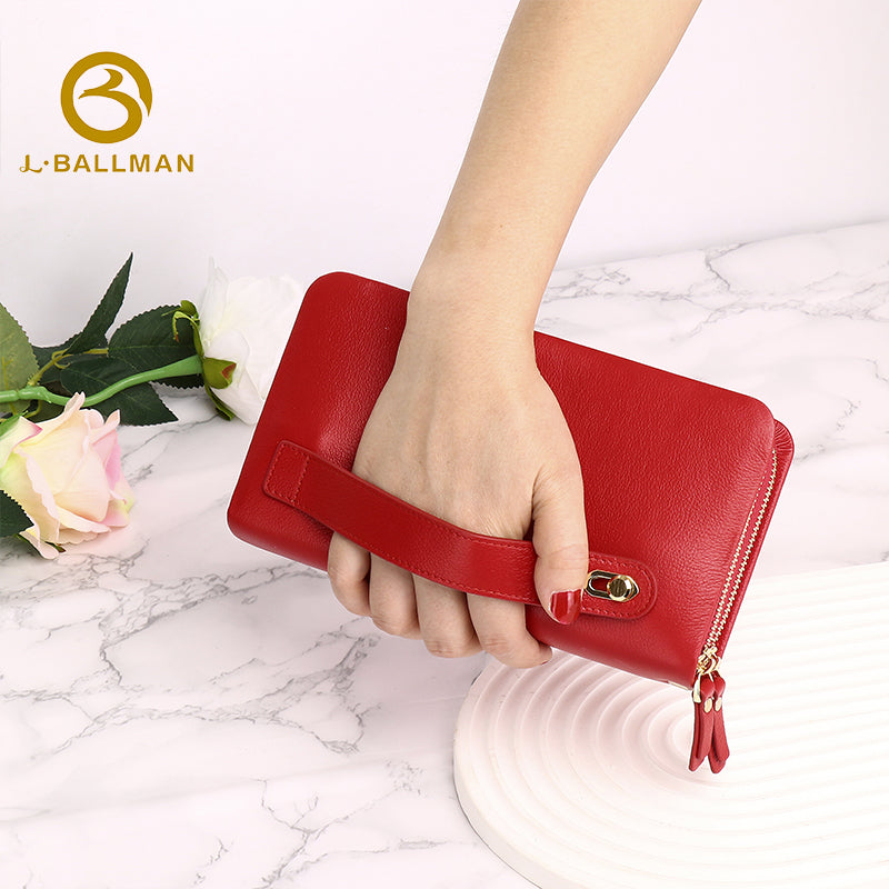 Women Long Genuine Leather Wallet Double Zipper Wristlet Multi Card Slots Phone Pocket 505 Wholesale Custom