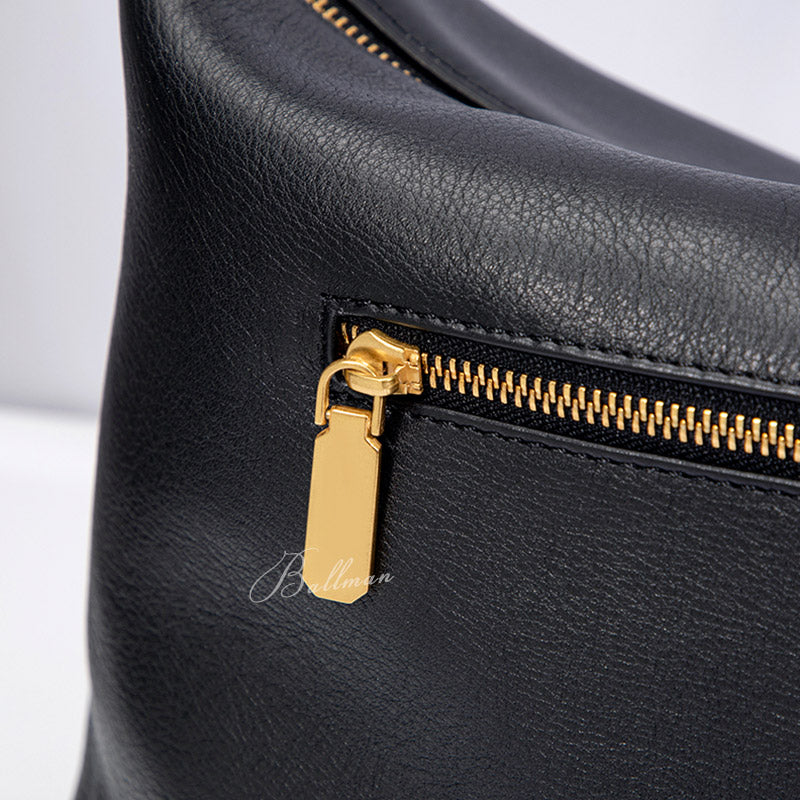 Wholesale Custom Italian Imported Full‑Grain Leather Hobo Bag Soft Slouchy Silhouette Zipper Adjustable Strap Versatile Daily Shoulder Bag H98045