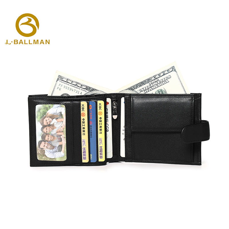 Genuine Leather Men'S Bifold Wallet With Snap Button Closure, Photo Window And Zipper Coin Pocket For Business Daily Use, Wholesale Custom, 26410#
