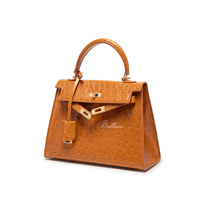 Wholesale Custom Ostrich Leather Kelly Style Handbag Premium Ostrich Skin Turn?Lock Hardware Top Handle BK003