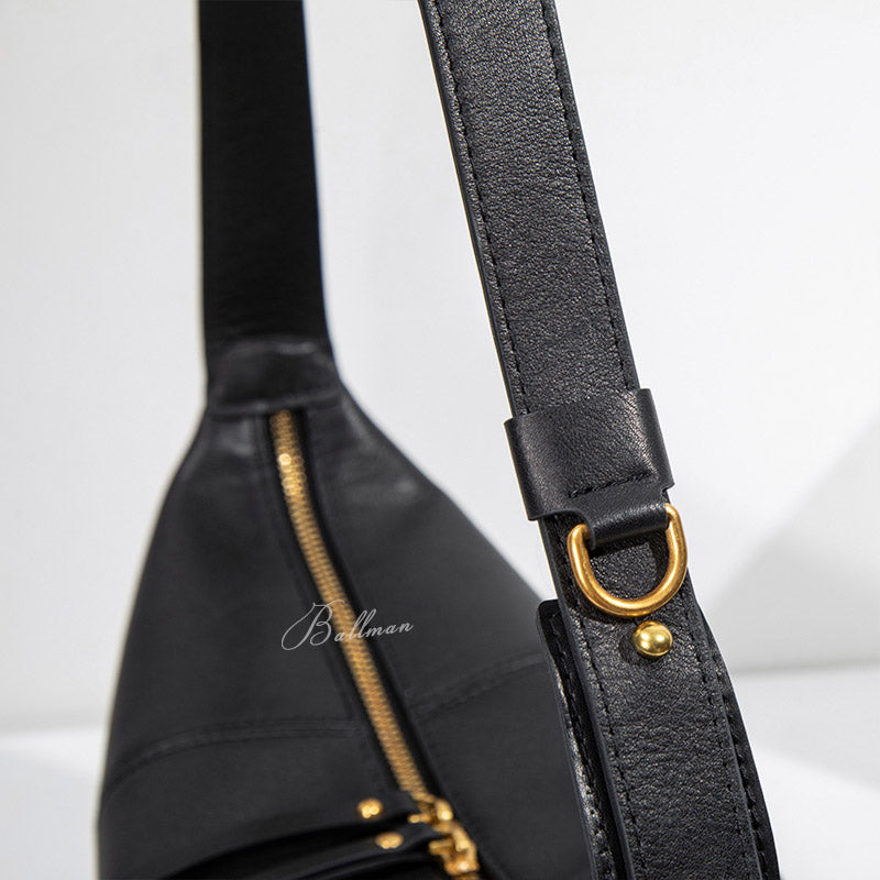 Wholesale Custom Full‑Grain Leather Hobo Bag Curved Sling Shape Dual Zipper Pulls Wide Adjustable Strap Modern Casual Shoulder Bag H98057
