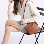Wholesale Custom Full‑Grain Leather Crossbody Bag Front Snap Pocket Zipper Top Adjustable Strap Minimalist Bucket Style Handbag H98075