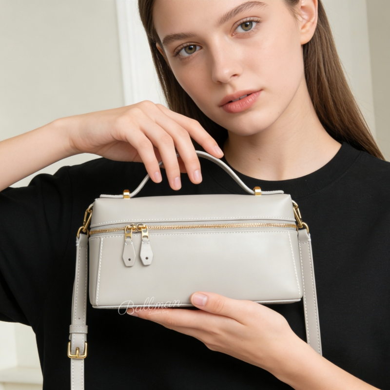 Wholesale Custom Leather Box Handbag Double Zipper Lock Decor Detachable Shoulder Strap XK002