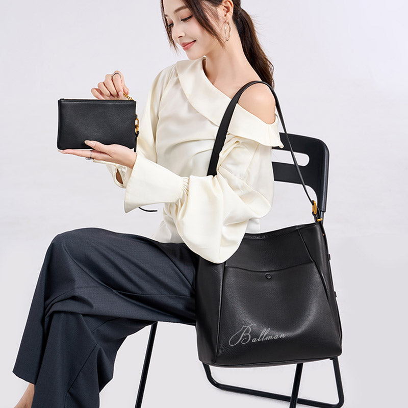 Wholesale Custom Italian Imported Full‑Grain Leather Hobo Tote Bag Detachable Small Pouch Multi‑Pocket Large Capacity Work Shoulder Bag H98048