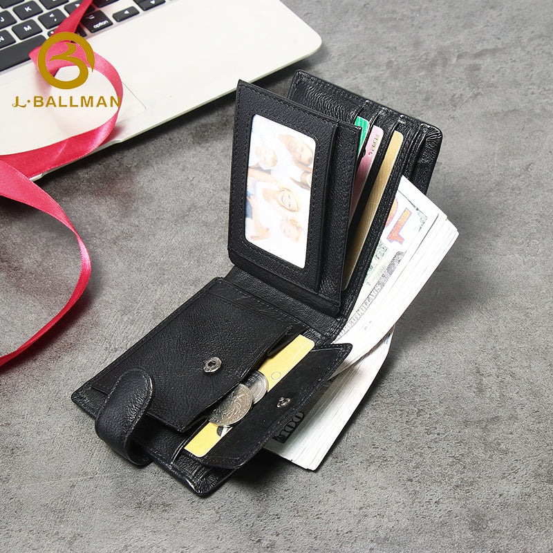 Wholesale Custom leather men short wallet pebbled genuine leather snap button multi card slots daily business travel purse 208#