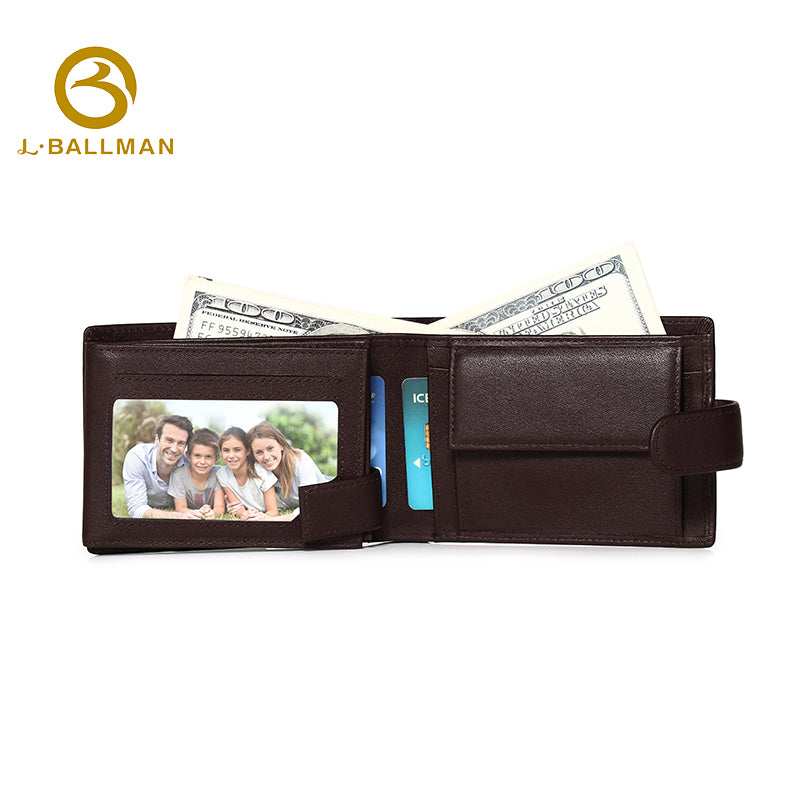 Leather Bifold Wallet with Snap Button Closure Multi Card Slots Bill Compartment ID Window OEM ODM Custom Wholesale Manufacturer 2649#