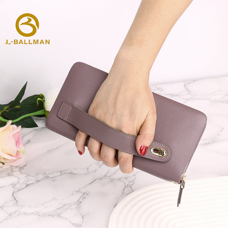 Wholesale Custom leather women long wallet genuine leather zipper around wristlet wallet phone pocket multi card slots daily shopping travel purse 502B