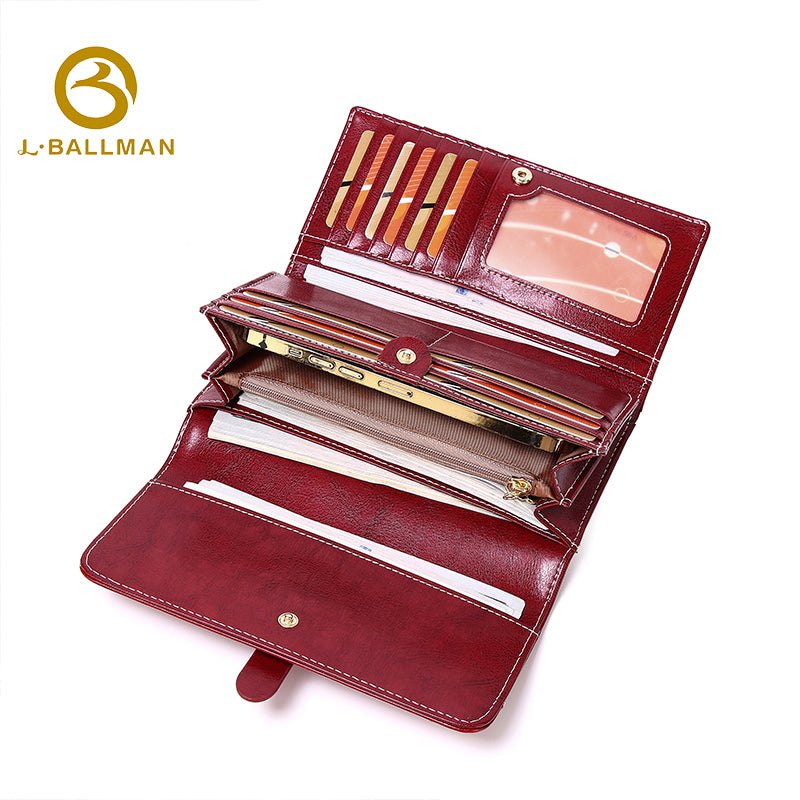 Genuine Leather Oil-Wax Long Wallet, Strap Buckle Closure Contrast Stitch Wavy Flap For Daily Use 23-121# | Custom Logo ODM OEM Wholesale