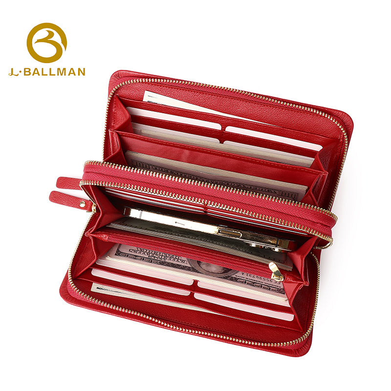 Women Long Genuine Leather Wallet Double Zipper Wristlet Multi Card Slots Phone Pocket 505 Wholesale Custom