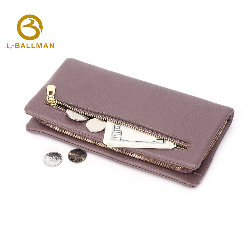 Wholesale Custom leather women long wallet smooth genuine leather multi zipper pockets wristlet phone pocket daily shopping travel purse 506#