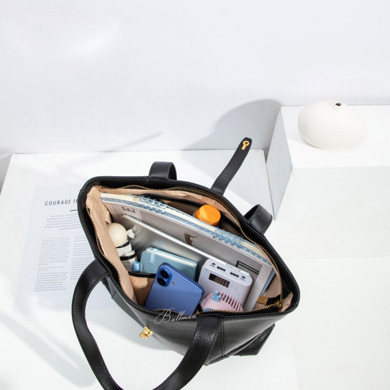 Wholesale Custom Full‑Grain Leather Tote Bag Large Capacity Gold Lock Hardware Long Top Handles Elegant Office Work Handbag H98068
