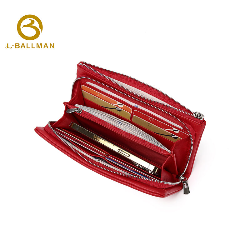Women Long Genuine Leather Wallet Double Zipper Large Capacity Multi Compartments 1634 Wholesale Custom