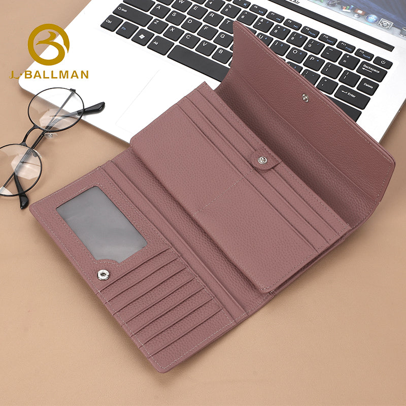 Wholesale Custom leather women long wallet pebbled genuine leather tri-fold multi card slots daily shopping travel purse 116#