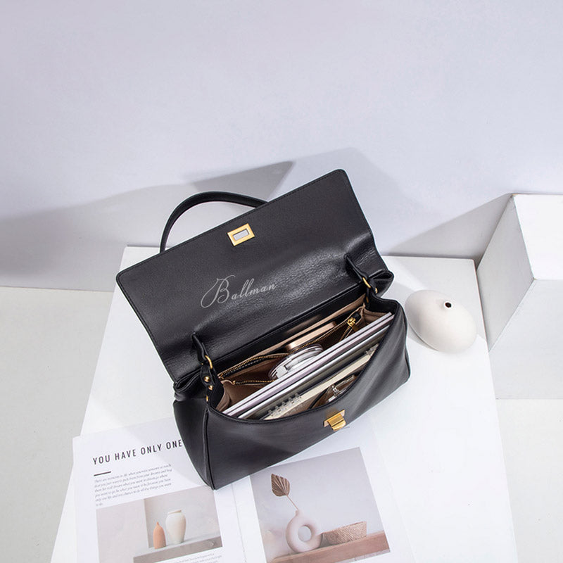 Wholesale Custom Italian Imported Leather Shoulder Bag Gold Turn Lock Hardware Large Capacity Office Handbag H98044