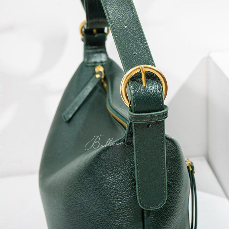 Wholesale Custom Full‑Grain Leather Hobo Bag Smooth Soft Texture Zipper Closure Adjustable Shoulder Strap Minimalist Casual Handbag H98056