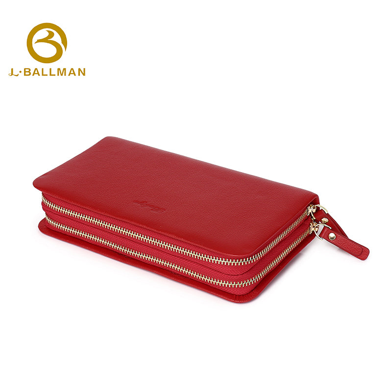 Women Long Genuine Leather Wallet Double Zipper Wristlet Multi Card Slots Phone Pocket 505 Wholesale Custom